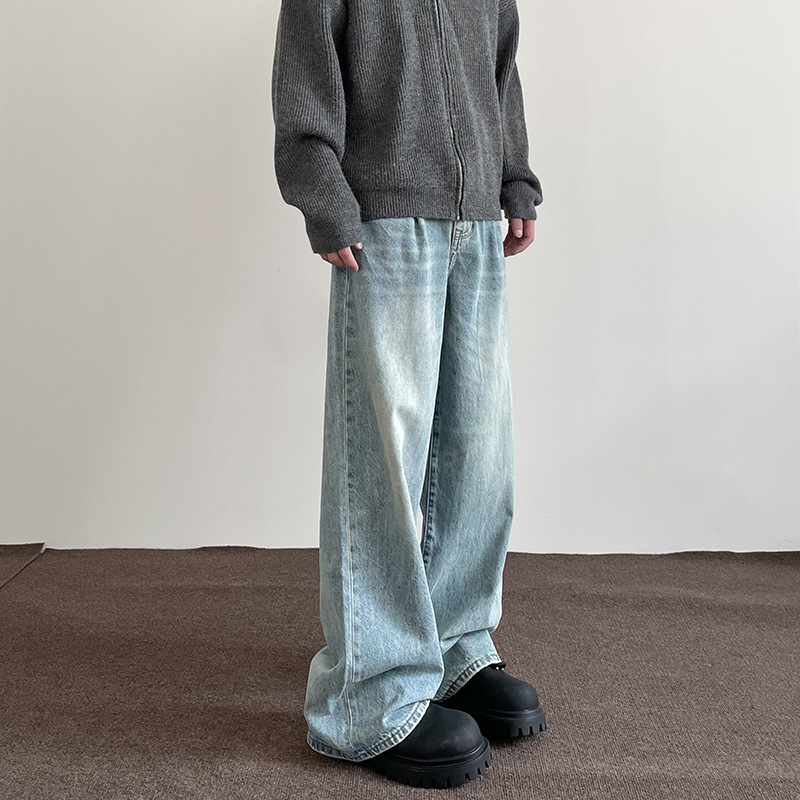 American high street cleanfit washed blue wide-leg jeans for men and women ins trend loose straight vibe pants - Image 3