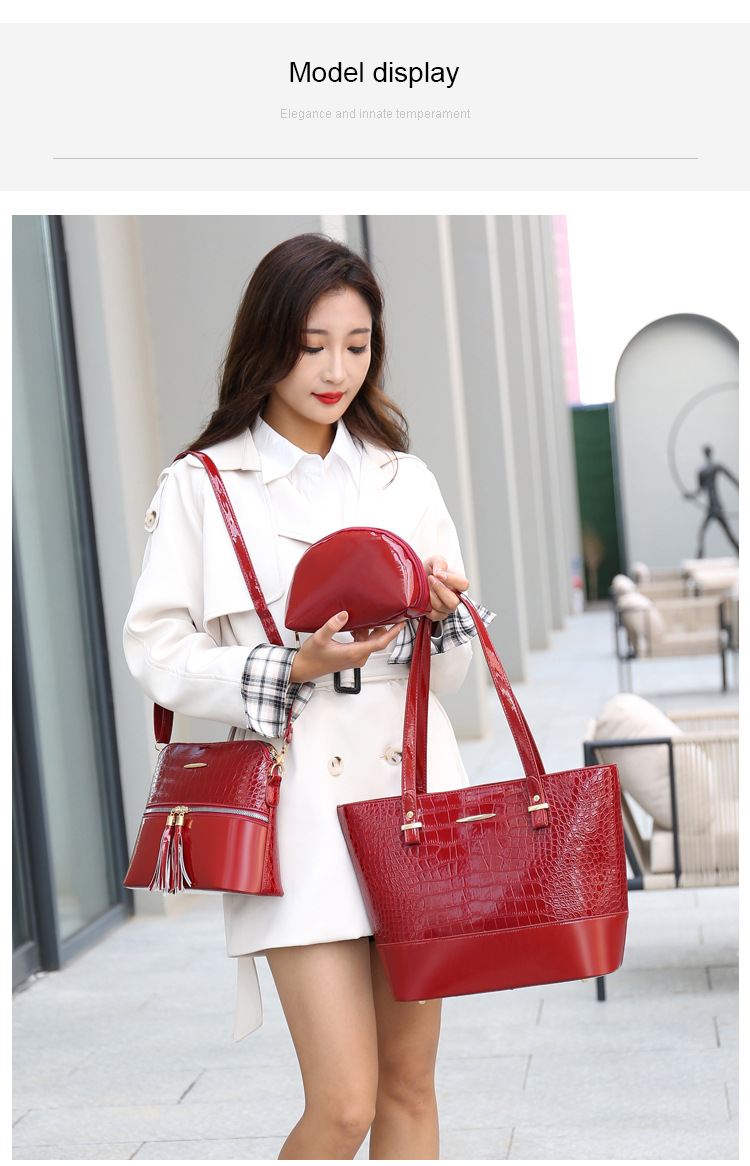 New women's bag 2023 fashion crocodile pattern mother-in-law three-piece handbag shoulder bag Messenger women's bag wholesale - Image 10