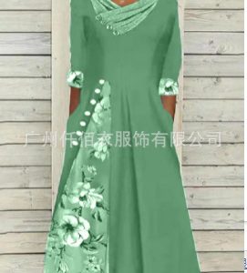 Cross-border foreign trade 2023 Amazon AliExpress wish spring and summer printed V-neck long length stitching mid-sleeved dress