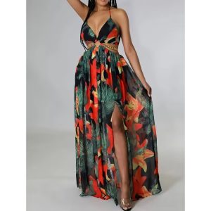 European and American foreign trade women's floral dress backless side slit floral suspender dress French print long dress
