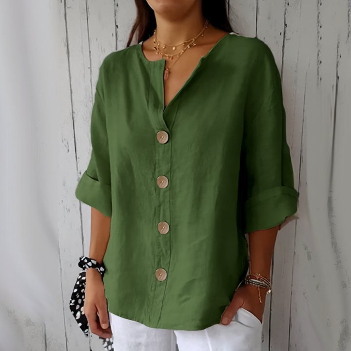 Amazon 2025 Cross-border European and American Summer New Style Foreign Trade Loose-fitting V-neck Cotton Linen Button T-shirt Top - Image 11