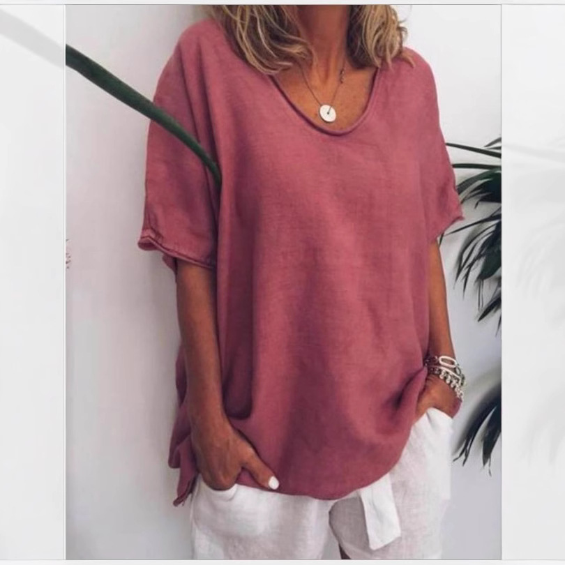 Cross-border e-commerce 2025 Amazon Europe and America Summer New Solid Color Loose Short Sleeve Casual Cotton Linen T-shirt - Image 3