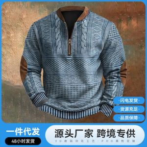 2025 Autumn/Winter New 3D Digital Print European and American Style Men's Half-Zip Hoodie, Customizable for Cross-Border AliExpress Independent Websites