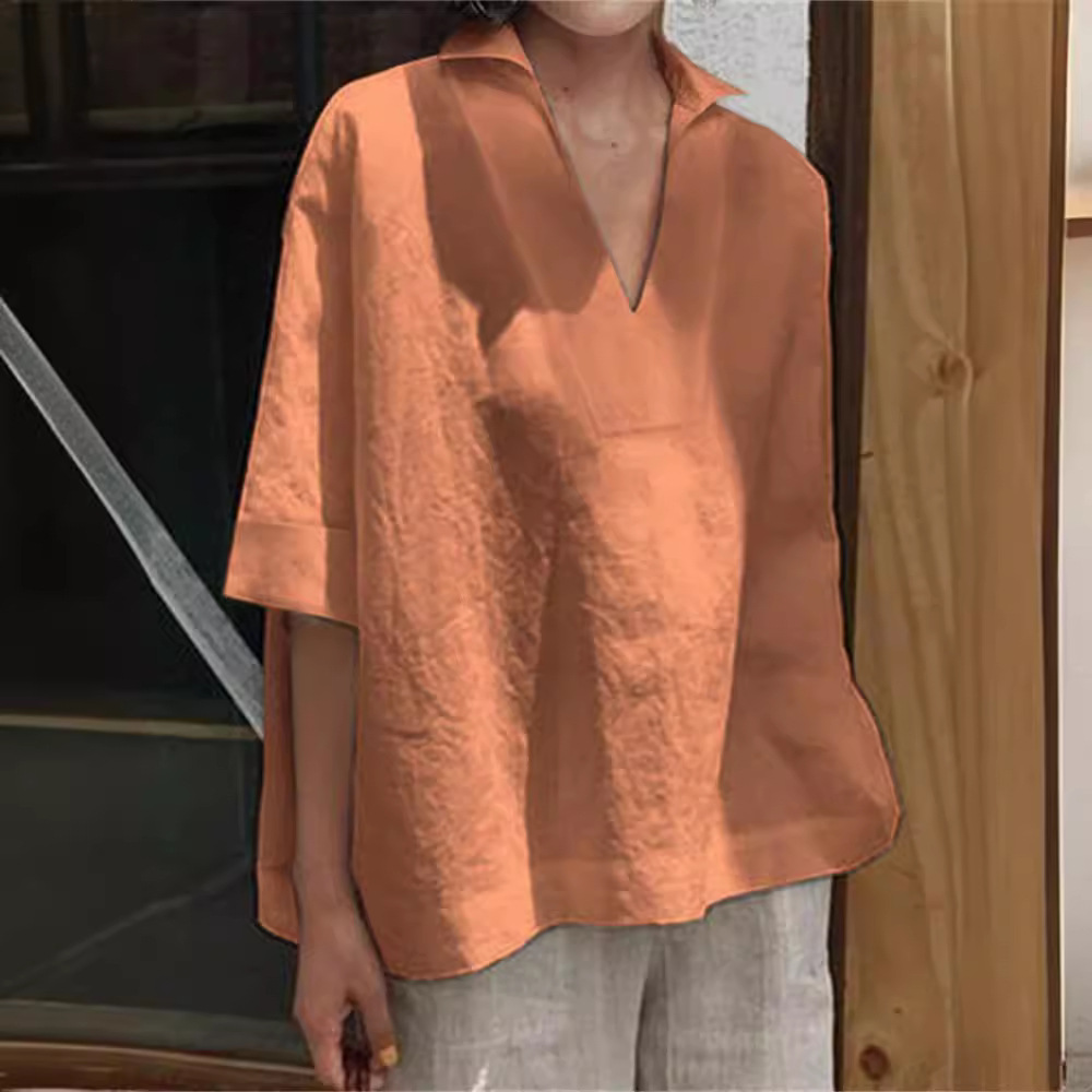 2026 Spring/Summer Amazon European and American Cross-Border V-Neck Cotton Linen Versatile Solid Color Plus Size Loose Mid-Sleeve Women's Shirt - Image 3