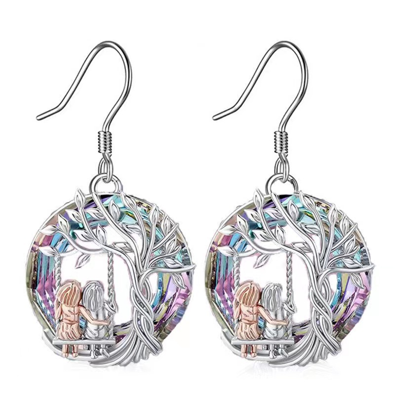 Cross-border Explosive Elegant Luxury Ladies Earrings Multicolor Crystal Tree of Life Earrings Personality Circle Imitation Crystal Earhooks - Image 4