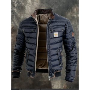Men's Retro Leather Quilted Patchwork Warm Zipper Outdoor Jacket MG877 (European and American Cross-border Amazon)