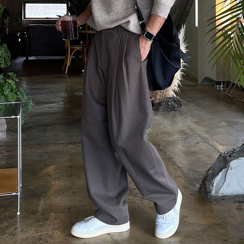 Dark gray double-pleated men's dress pants, spring and autumn style, Hong Kong retro niche design, casual pants, loose straight leg with drape. - Image 3