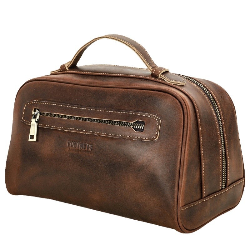 Black Angel Vintage Crazy Horse Leather Portable Unisex Storage Bag Large Capacity Genuine Leather Cosmetic Bag Washing Bag - Image 6