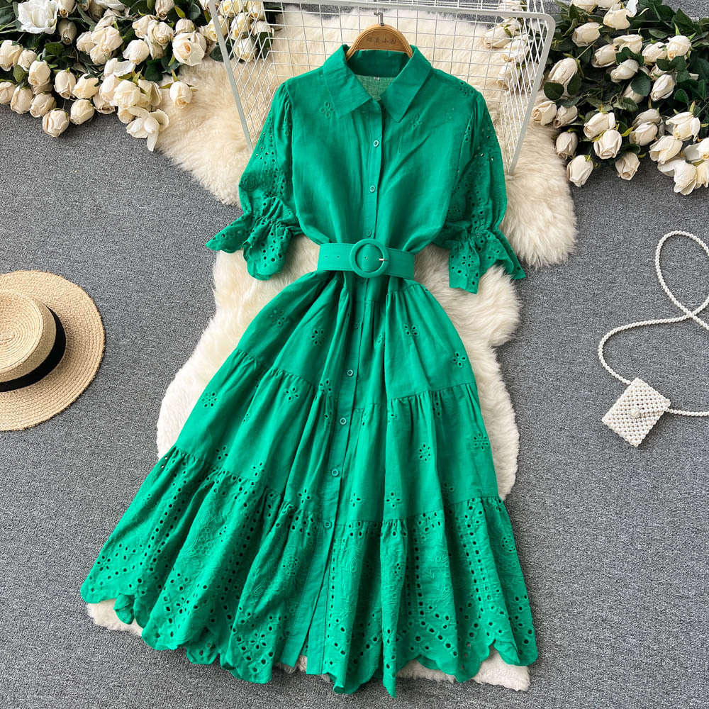 Light Luxury Minority Hollow Embroidered Dress Women's Summer 2022 New Tight Waist Slimming Puff Sleeve Shirt Midi Dress - Image 12