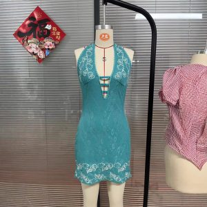 Women's V-Neck Embroidered Suspender Dress