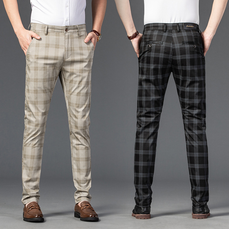 2021 Spring Pants Men's Casual Pants Men's Plaid Elastic Slim Business Straight Pants Youth Fashion Trend Men's Pants