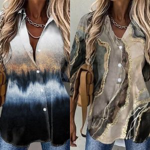 Spring women's shirt new cross-border women's clothing AliExpress Amazon long-sleeved lapel printed shirt women