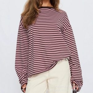 2025 New Hot Selling Long-Sleeved Striped T-Shirt for European and American Cross-Border Trade - Fashionable Casual Color-Blocked Crew Neck Top, Loose Fit