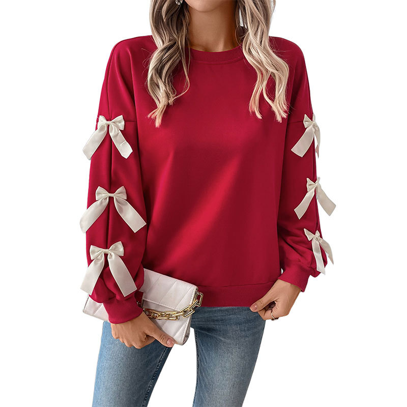 Amazon Fall/Winter Bestseller: Sweet Style Round Neck Bow Tie Red Christmas Sweatshirt for Women (European and American Style) - Image 5