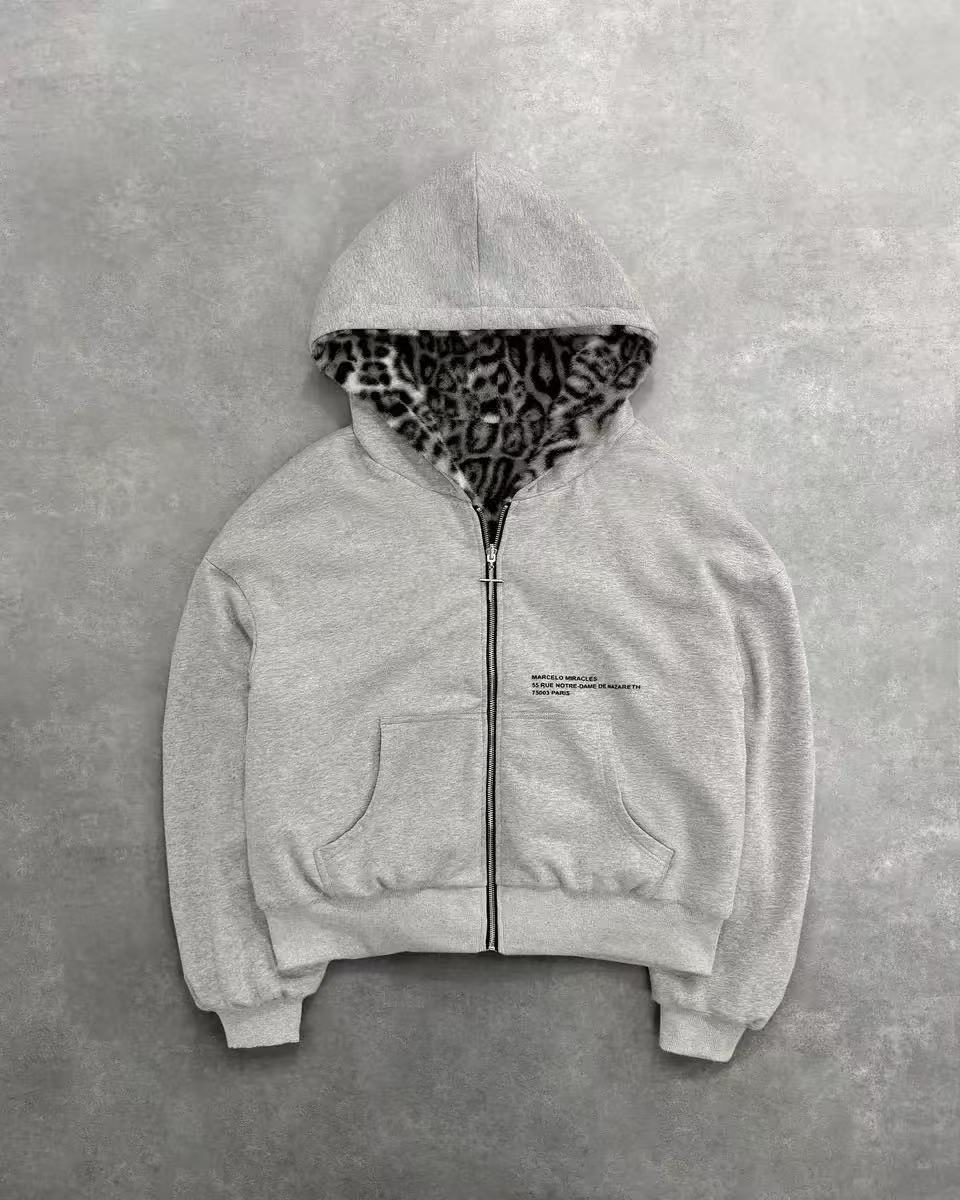 2025 European and American new autumn and winter new hooded sweatshirt reversible retro leopard print zipper hoodie loose top - Image 4