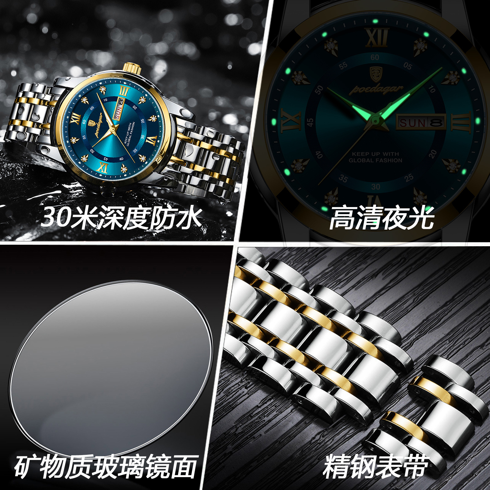 Swiss brand waterproof new men's watch dual calendar luminous quartz watch live broadcast foreign trade hot sale one piece drop shipping - Image 4