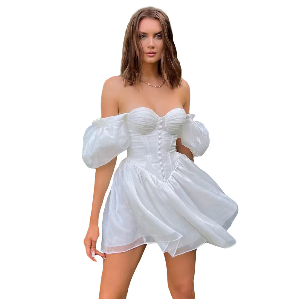 French sexy one-shoulder dress 2023 summer new fashion puff sleeve pleated waist slimming dress - Image 3