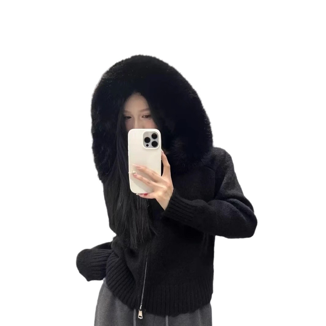 Cross-border Korean retro autumn and winter knitted cardigan women's loose casual versatile long-sleeved fur collar hooded sweater jacket women - Image 5