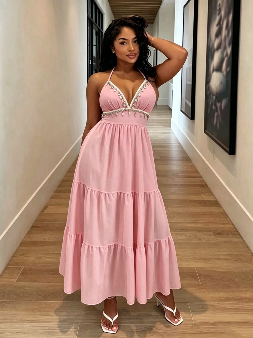 European and American style new cross-border resort-style V-neck halter neck tie dress with shell tassels, solid color fashionable long dress - Image 11