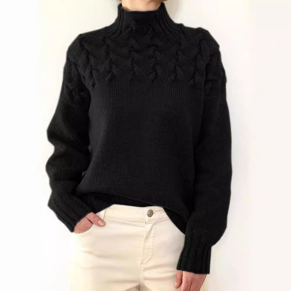 2026 Amazon Cross-Border New Women's Clothing Independent Site eBay Fashion Cable Braid Details High Neck Long Sleeve Sweater - Image 4