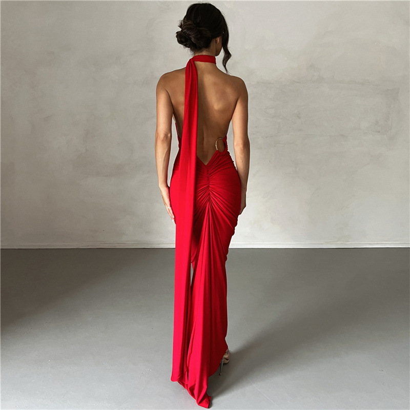 2024 spring and summer new European and American style cross-border women's clothing sexy backless halter neck hip-covering slim evening dress for women - Image 3