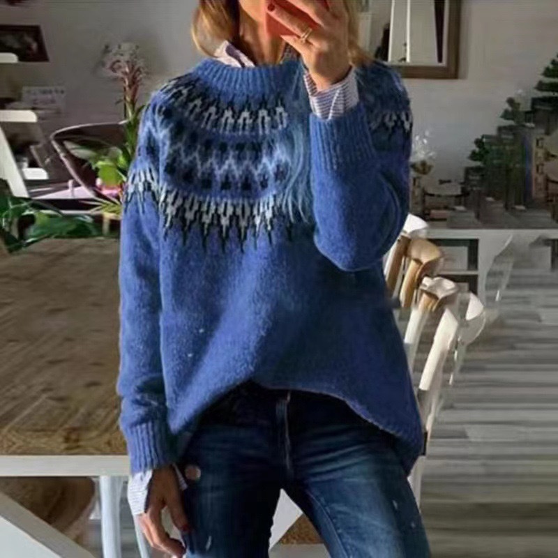Amazon European and American new sweater women's wish hot sale round neck color matching loose fashion pullover sweater - Image 20