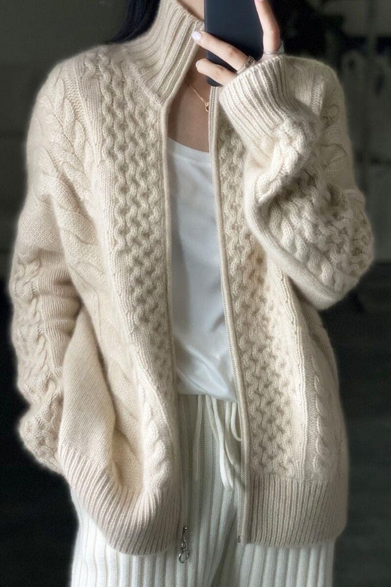 Factory direct wholesale heavyweight 100% wool cardigan, high neck, twisted knit, zipper, warm knitted wool cardigan for women, in stock. - Image 4