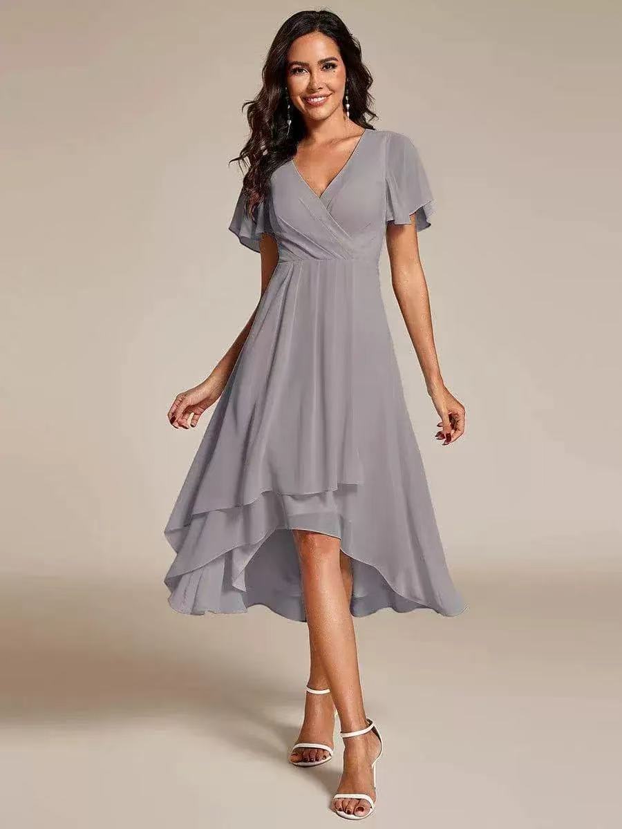 2025 Hot Selling New European and American Cross-border Summer Solid Color V-neck Ruffle Sleeve Chiffon Elegant Party Dress - Image 22