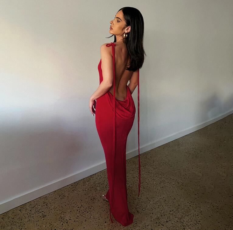 European and American style 2024 summer new fashionable sexy backless tie-up elegant long dress strapless halter neck dress wholesale - Image 11