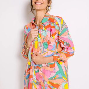 European and American cross-border women's clothing 2023 new shirt mid-length novel bright abstract printing blouse