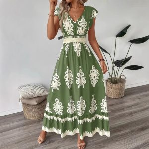 2025 Cross-border European and American Spring/Summer New Women's Outlet Women's Vacation Style Beach Dress Printed V-neck Full Swing Dress