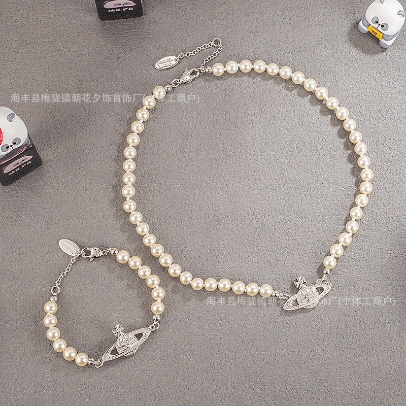 Classic Vivienne Westwood Saturn Pearl Necklace, High-End Version, Full Diamond Inlay, Swarovski Glass Pearl Chain, Women's Style, Nana's Style - Image 3