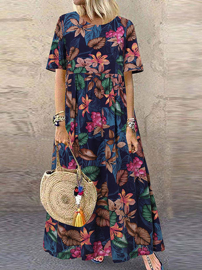 2022 European and American cross-border new long skirt Amazon round neck casual women's retro floral print loose short-sleeved - Image 6