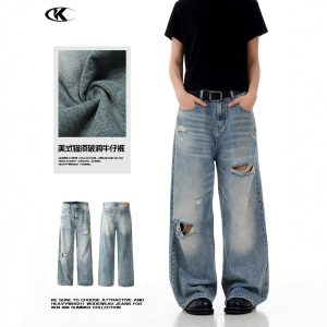 11KN American Retro Washed Blue Straight Leg Ripped Jeans, Unisex, Loose Fit, Slimming A-line Wide Leg Casual Pants