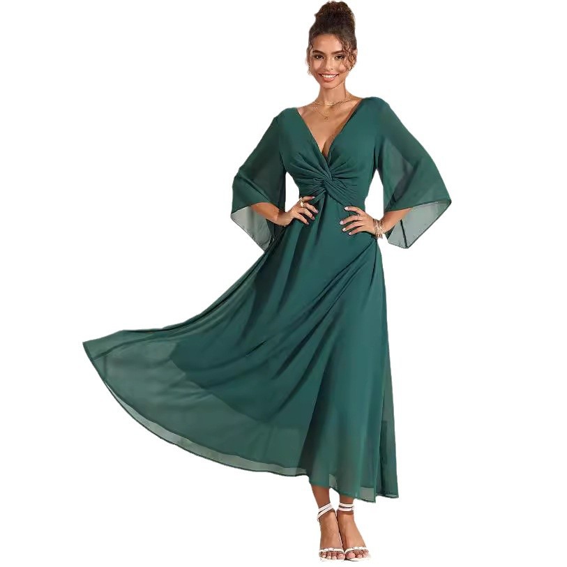 2024 Cross-Border Amazon Temu Solid Color V-Neck Flared Sleeve Maxi Dress Party Dress 3/4 Long Sleeve - Image 6