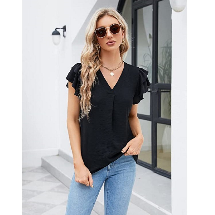 Cross-border European and American women's clothing, 2025 summer new style, Amazon women's V-neck chiffon ruffled blouse short-sleeved top. - Image 3