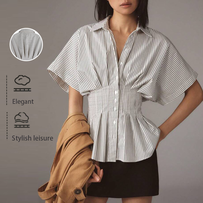 AliExpress New European and American Style Waist-cinching Shirt, Casual and Versatile Striped Pleated Waist-cinching Slimming Top - Image 8