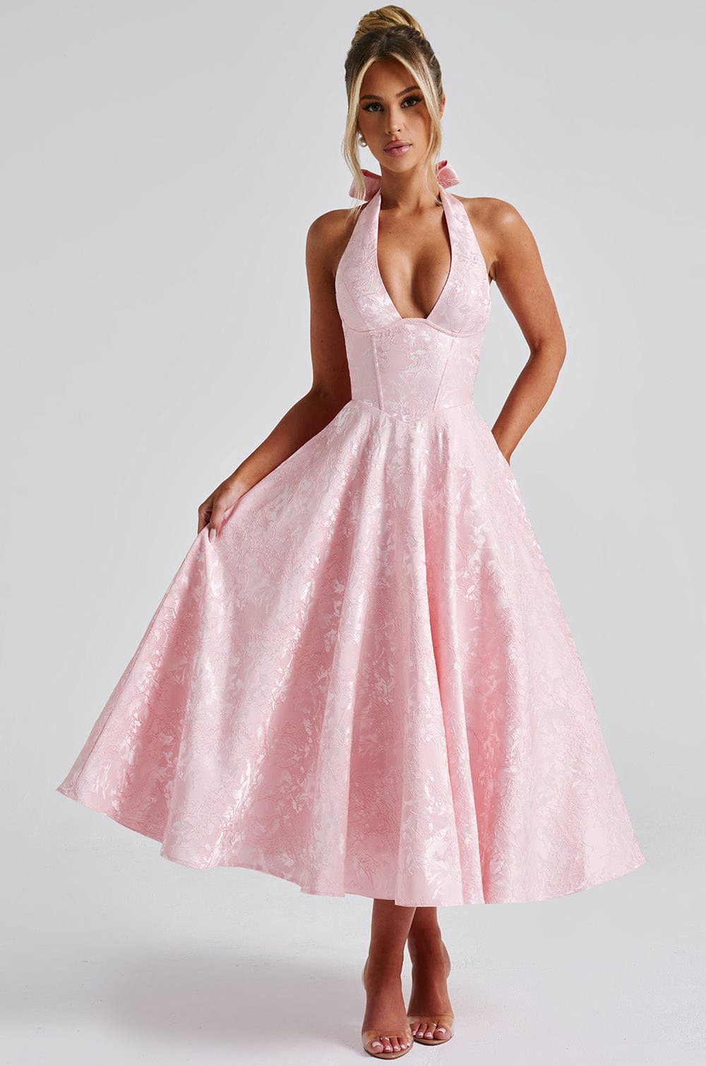 European and American cross-border V-neck halter neck jacquard dress high-end evening dress spring and summer temperament sleeveless backless waist long dress - Image 9
