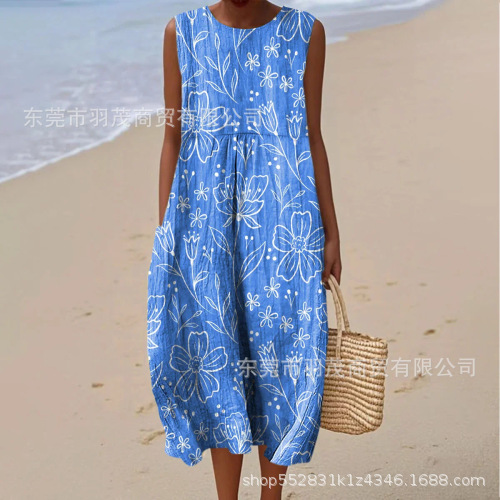 2025 European and American spring and summer new sleeveless casual printed temperament long skirt dress slim small fresh casual skirt - Image 35