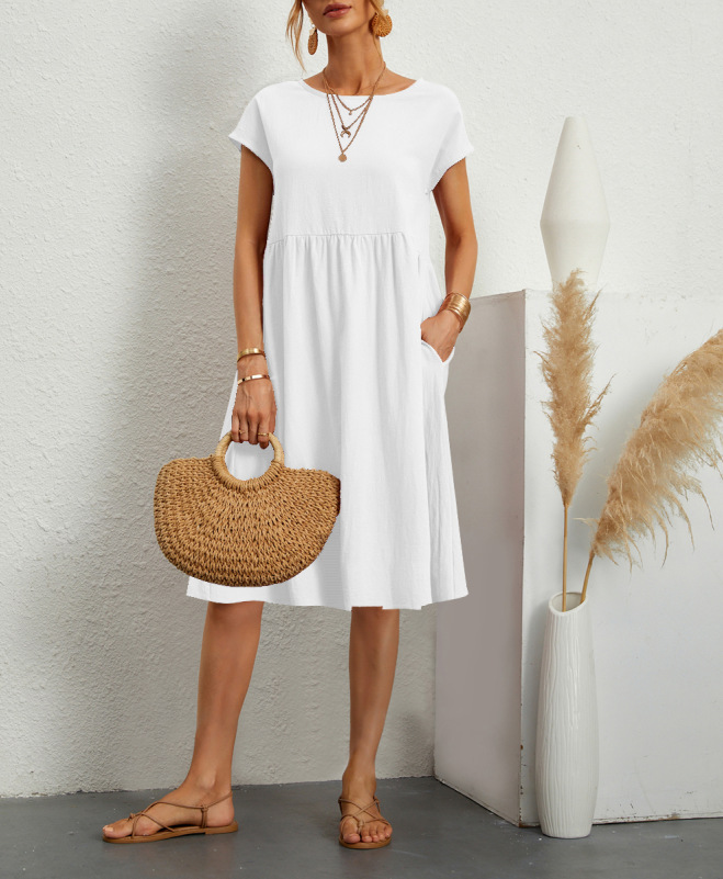 Amazon 2023 summer cross-border supply OL temperament women's cotton round neck A-line skirt dress manufacturer wholesale women - Image 3