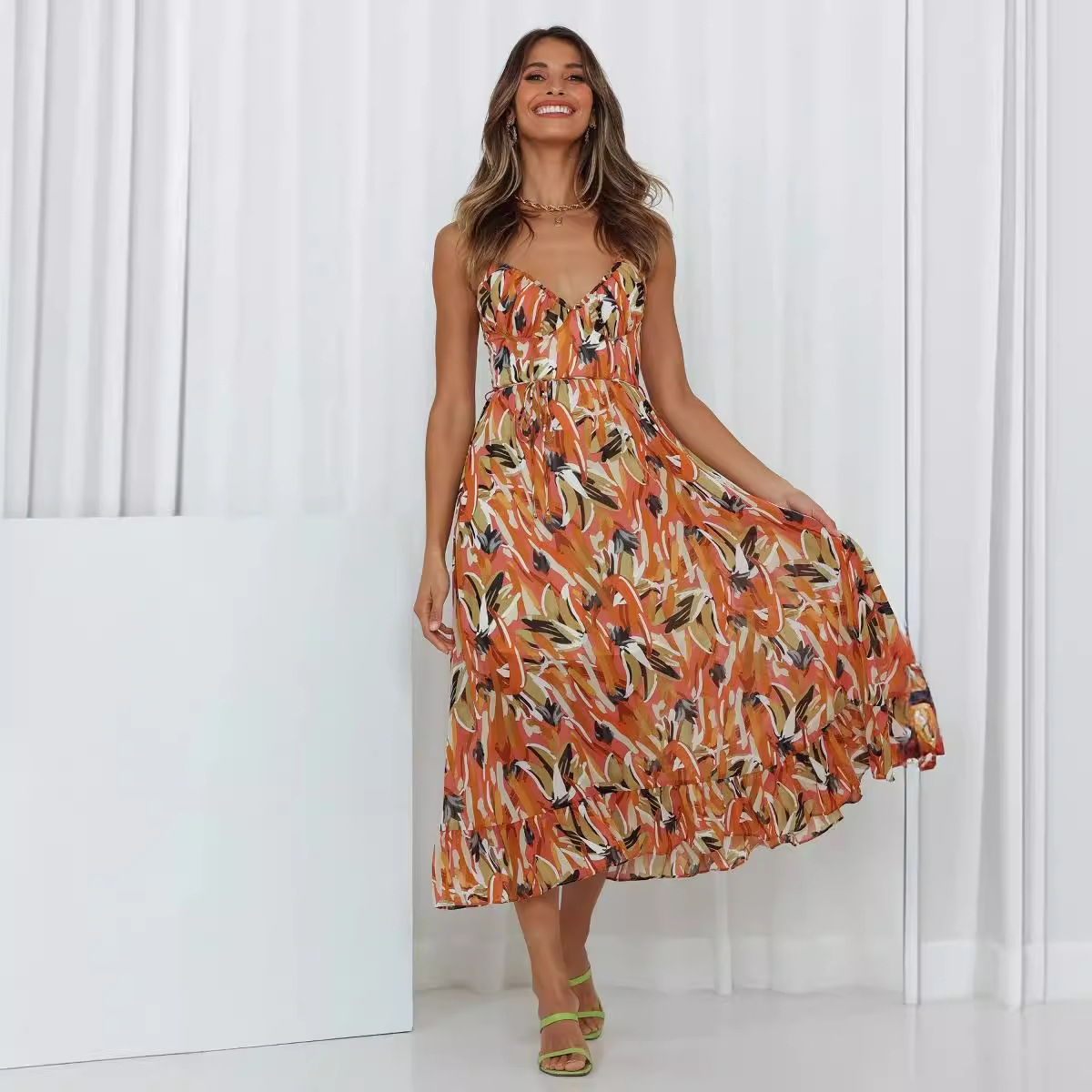 European and American foreign trade AliExpress Amazon summer new women's print ruffled suspender dress - Image 3
