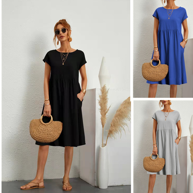 Amazon 2023 summer cross-border supply OL temperament women's cotton round neck A-line skirt dress manufacturer wholesale women - Image 8