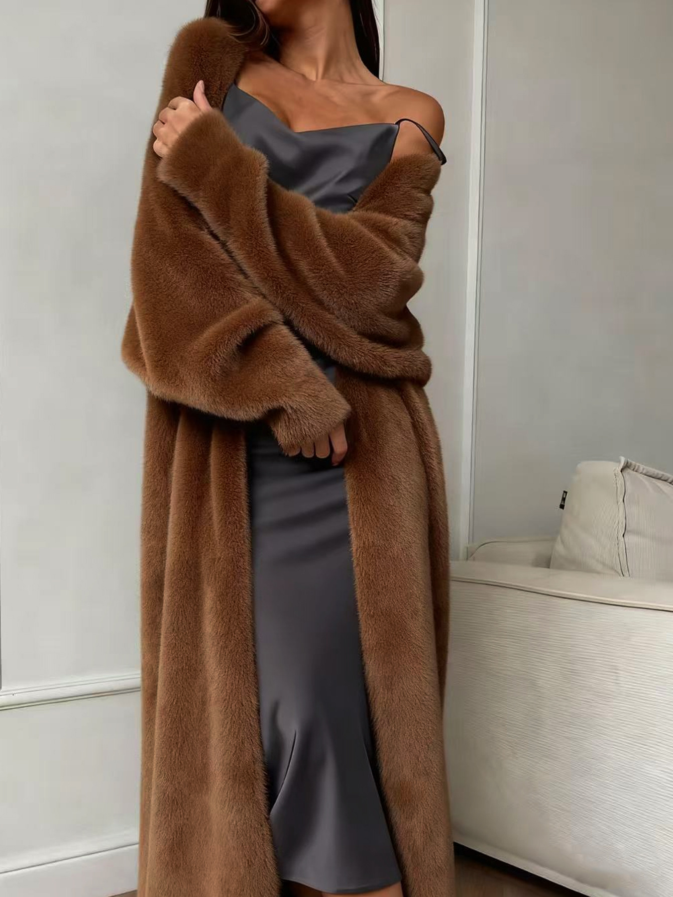 Cross-border faux mink white knitted cardigan coat for women, autumn and winter loose-fitting fluffy long cardigan - Image 9