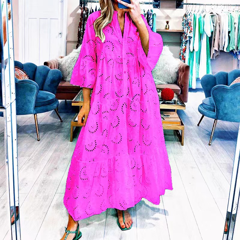 2023 Europe and America Cross Border Summer and Autumn French Style V-neck Bell Sleeve Lace Hollow-out Solid Color Sexy Long Dress for Women - Image 13