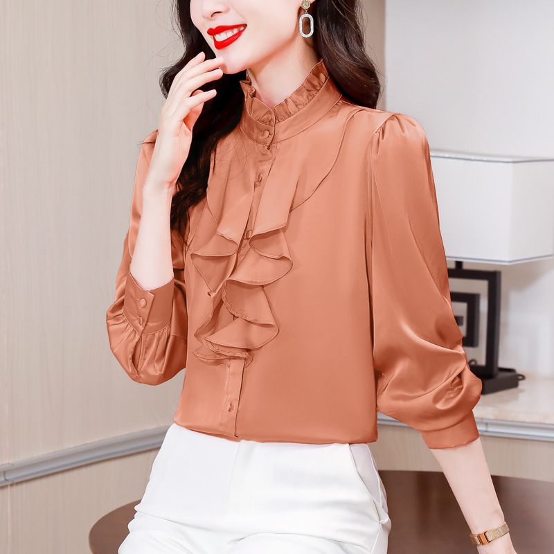 Green 1803 intellectual and generous temperament imitation silk shirt female long sleeve solid color lace collar palace style mulberry silk shirt - Image 4