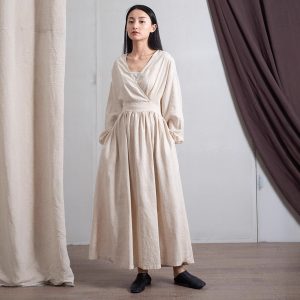 Chinese-Style Cotton-Linen Long Dress with Waist Belt