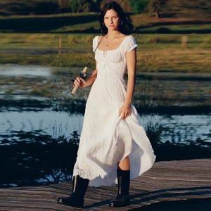Square-Neck Long Dress with Puff Sleeves