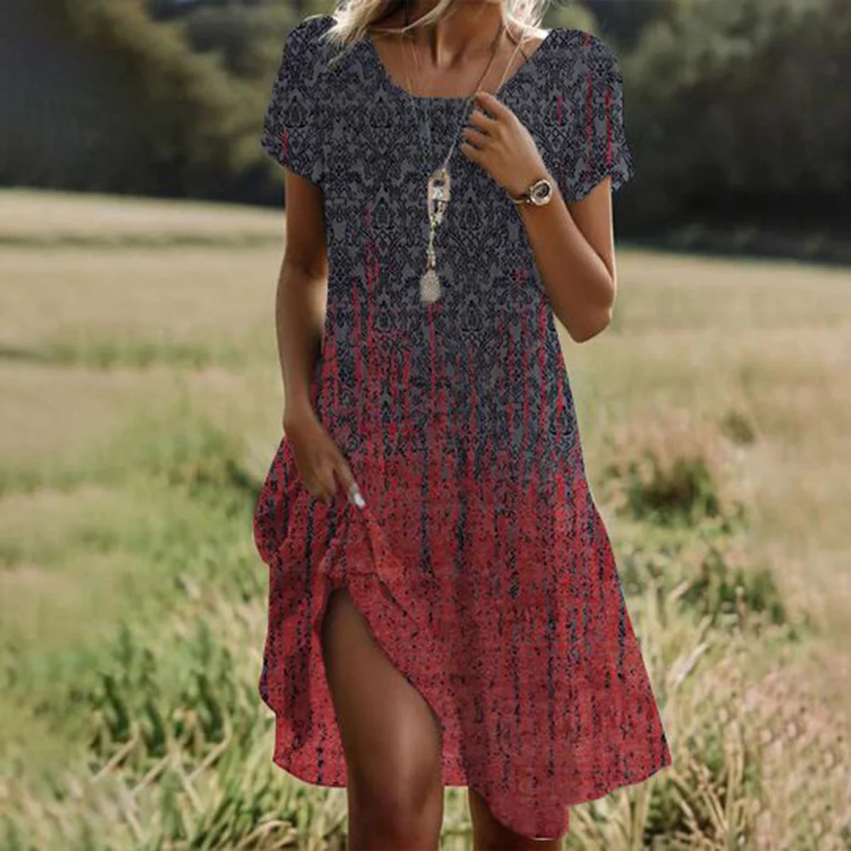 Cross-border Amazon AliExpress independent website summer hot-selling literary and ethnic style large round neck mid-length dress - Image 2