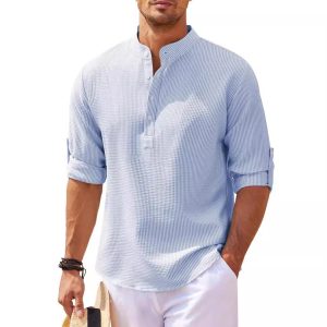 European and American style men's long-sleeved shirts, stand-up collar, half-button shirts, pineapple plaid shirts, men's casual shirts, wholesale.