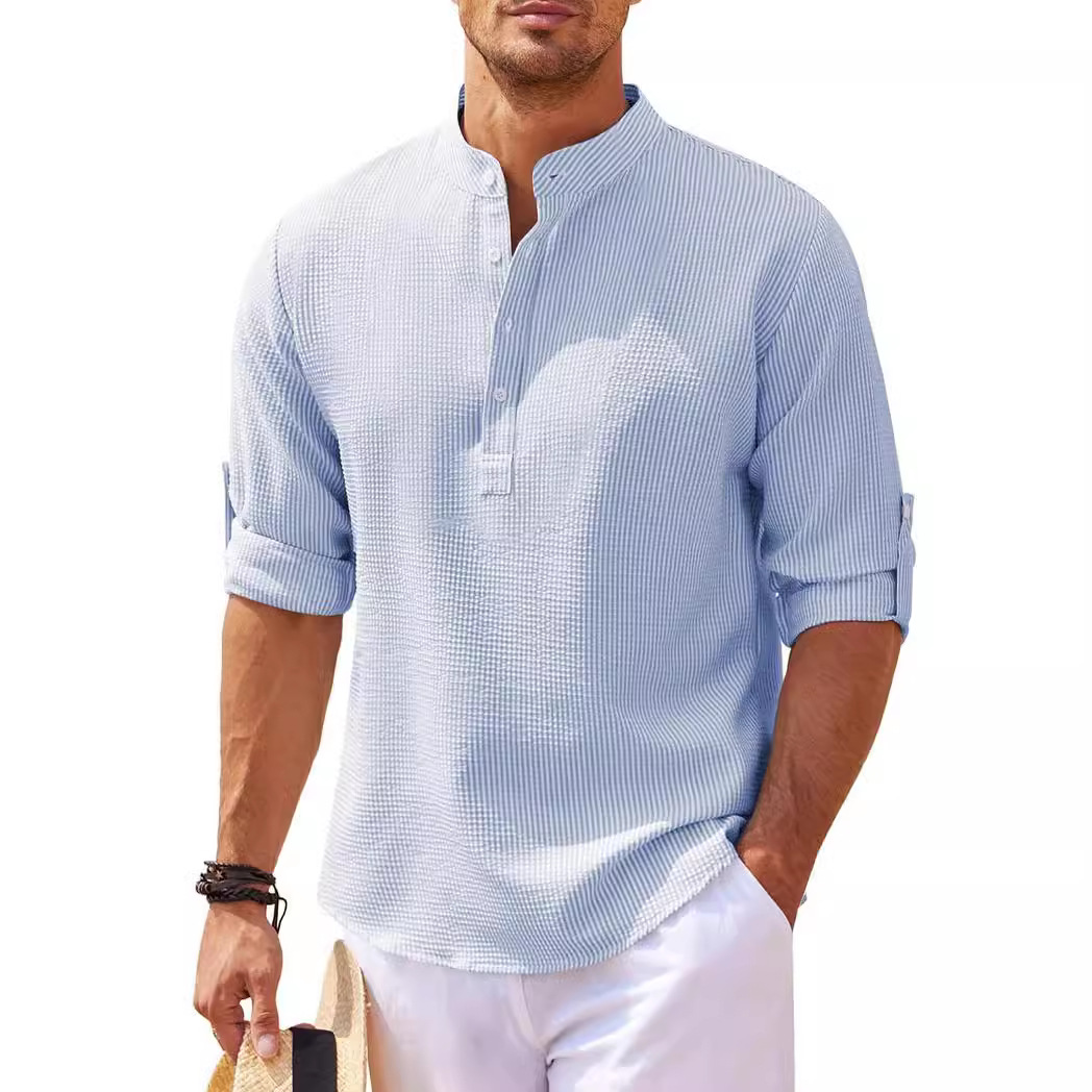 European and American style men's long-sleeved shirts, stand-up collar, half-button shirts, pineapple plaid shirts, men's casual shirts, wholesale.